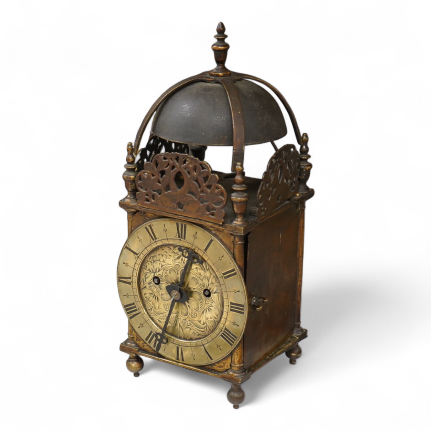 A 19th century brass lantern clock with engraved dial, twin fusee movement pendulum and key, 39cm high